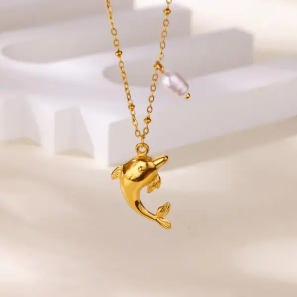Wholesale 18K Gold Plated 304 Stainless Steel Vacuum Electroplating (In Furnace) Artificial Pearl Zircon Sun Palm Starfish Dolphin Whale Ocean Style Cable Chain/Cross Chain/O Chain Pendant Necklace For Women