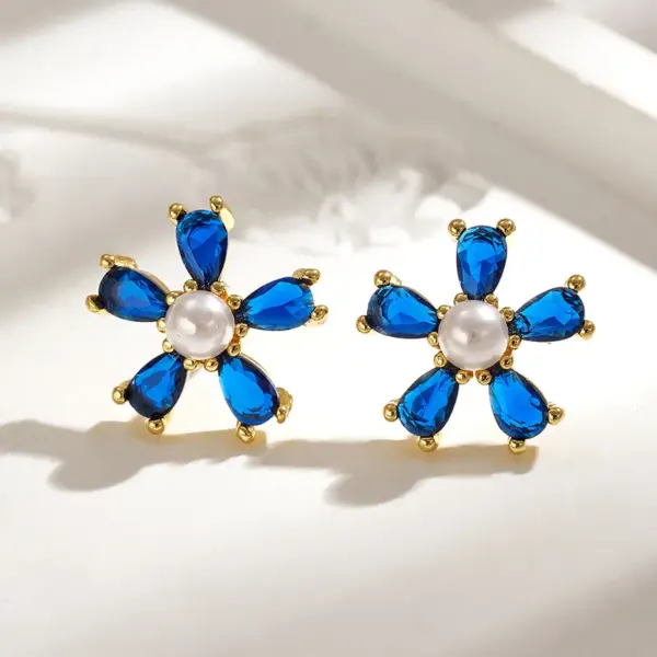 Wholesale Sweet Ins Style Copper Water Plated 18K Real Gold Micro Inlaid Zircon Acrylic Imitation Pearl Flower Stud Earrings
