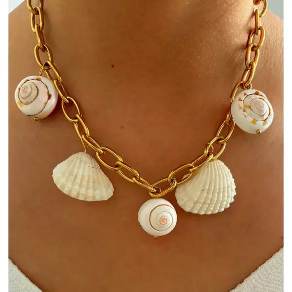 Wholesale 304 Stainless Steel Geometric Starfish Shell PVD Coated Freshwater Pearl Shell Real Gold Plated Nordic Style Vacation Marine Style Waterproof Non Tarnish Surgical Steel Shell Necklace Lobster Trigger Clasp Closure Pendant Necklace