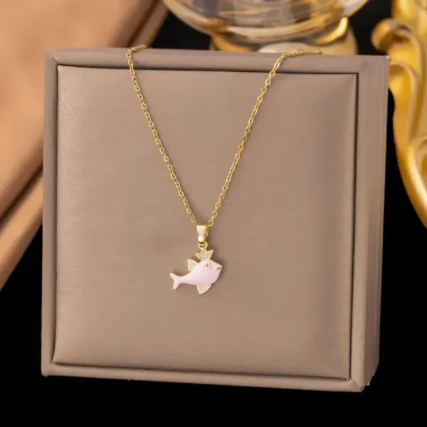 Wholesale Women’s Fish Pendant Necklace With Inlay Artificial Rhinestones, 18K Real Gold Plated Copper, Water Plating On Cable Chain