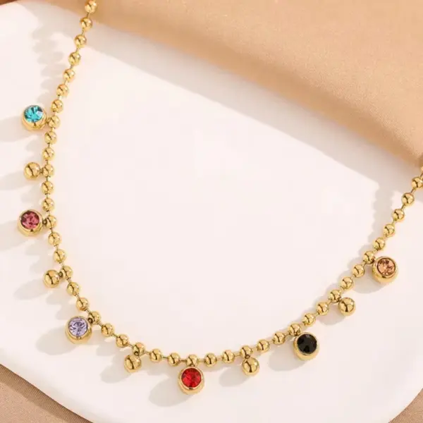 Wholesale 302 Stainless Steel 304 Stainless Steel Glass Round Ion Plating (IP) Artificial Rhinestones 18K Gold Plated Simple Style Classic Style Waterproof Non Tarnish Inlay Ball Chain Gold Necklace