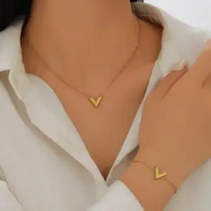Wholesale 304 Stainless Steel V Shape PVD Coated 18K Real Gold Plated Elegant Simple Style Waterproof Non Tarnish Gold Bracelets Earrings Necklace