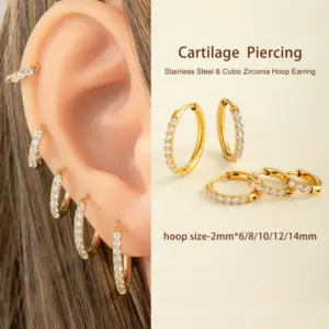 Wholesale 1 Piece 316L Stainless Steel Zircon Simple Style Classic Style Shiny Ear Cartilage Rings & Studs Round Waterproof Non Tarnish Surgical Steel 18K Gold Plated Ear Cartilage Rings & Studs