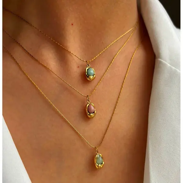 Wholesale 304 Stainless Steel Square Plate PVD Coated Natural Stone Real Gold Plated Simple Style Commute Waterproof Non Tarnish Surgical Steel Bamboo Necklace Lobster Trigger Clasp Closure Gold Pendant Necklace
