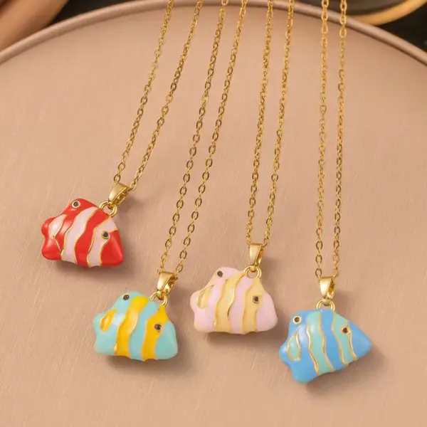 Wholesale Women’s Fish Pendant Necklace With Inlay Artificial Rhinestones, 18K Real Gold Plated Copper, Water Plating On Cable Chain