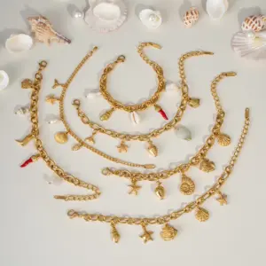 Wholesale PVD Coated Real Gold Plated 18K Gold Starfish Conch Shell 304 Stainless Steel Hawaiian Lady Beach Waterproof Non Tarnish 304 Stainless Steel Lobster Trigger Clasp Closure Bracelets