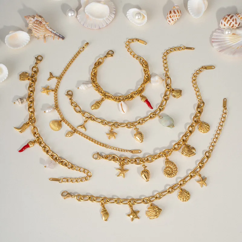 Wholesale PVD Coated Real Gold Plated 18K Gold Starfish Conch Shell 304 Stainless Steel Hawaiian Lady Beach Waterproof Non Tarnish 304 Stainless Steel