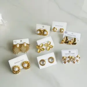 Wholesale Fashionable Stainless Steel Pearl Twist Earrings Non-Fading Petal Fan Shape Geometric Bohemian Butterfly Knot Ear Jewelry