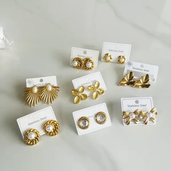 Wholesale Fashionable Stainless Steel Pearl Twist Earrings Non-Fading Petal Fan Shape Geometric Bohemian Butterfly Knot Ear Jewelry