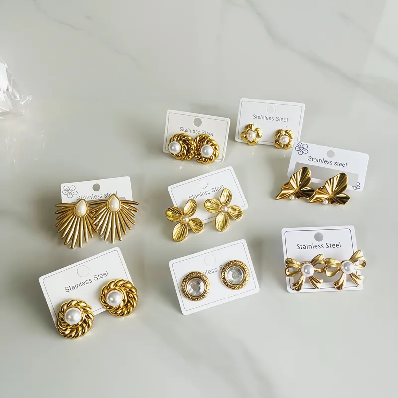 Wholesale Fashionable Stainless Steel Pearl Twist Earrings Non-Fading Petal Fan Shape Geometric Bohemian Butterfly Knot Ear Jewelry