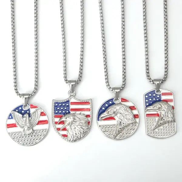 Wholesale 304 Stainless Steel American Flag Eagle Hip-Hop Rock Punk Square Pearl Chain Pendant Necklace