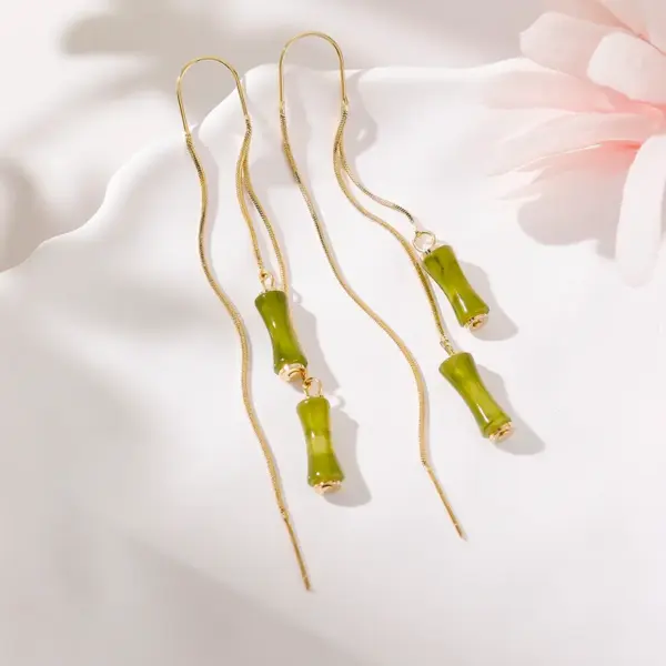 Wholesale 1 Pair Classical Romantic Bamboo Copper Zircon 14K Gold Plated Dangling Earrings