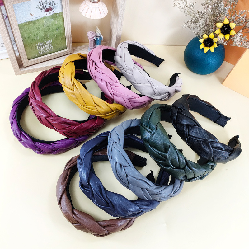 Wholesale New European and American style braid hairband cross-border PU leather braided hair pressure non-slip headband fashion all-match women's hai
