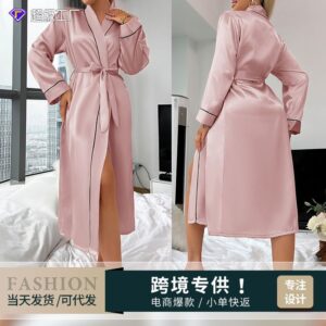 oly-43eea2e645ea8ef4895653a90a4478e9 Wholesale Factory Fashionable Imitation Silk Nightgown Ice Silk Thin Bathrobe Printed Cardigan Pajamas for Women Summer Sexy Over-The-Knee Nightgown
