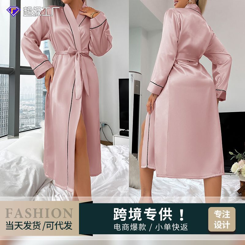 Wholesale Factory Fashionable Imitation Silk Nightgown Ice Silk Thin Bathrobe Printed Cardigan Pajamas for Women Summer Sexy Over-The-Knee Nightgown