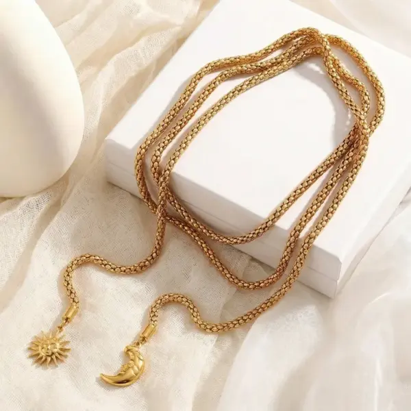 Wholesale Sun Long Necklace For Women, 304 Stainless Steel, 18K Gold Plated PVD Coated, Waterproof, Round Bead Chain