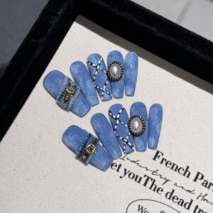 Wholesale Yihe Denim Style Cross Manicure Wearable Manicure Denim Raw Edge Handmade Original Design Diagonal Cut Hand-Painted