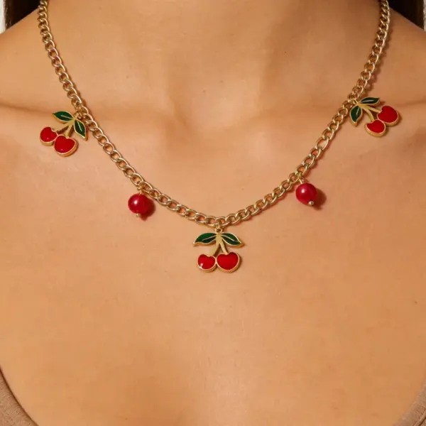 Wholesale Cherry Waterproof Non Tarnish Necklace For Women, 18K Real Gold Plated 304 Stainless Steel With Zircon Inlay And Box Chain