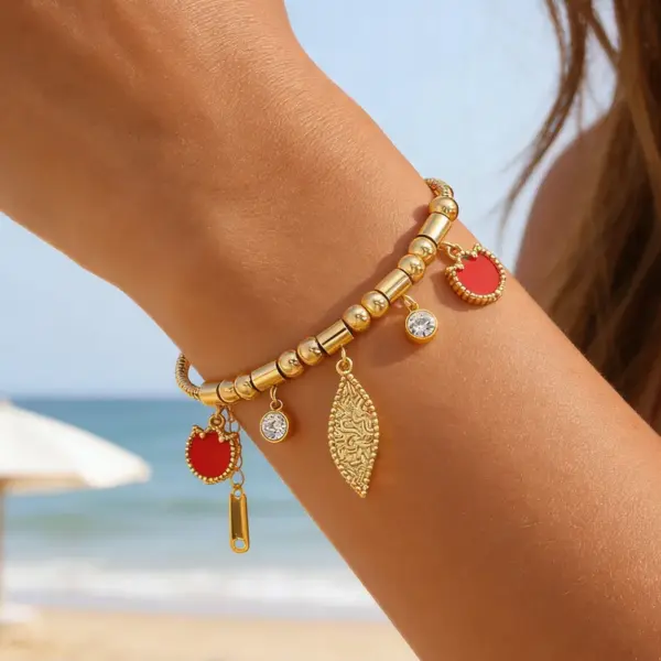 Wholesale Leaves Waterproof Non Tarnish Bracelets For Couples In 18K Real Gold Plated 304 Stainless Steel With Zircon Inlay And Snake Chain