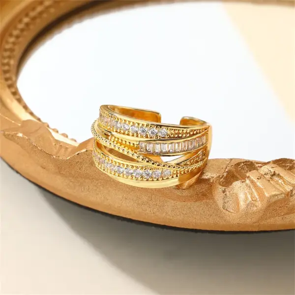 Wholesale Geometric Open Rings For Women, Waterproof Non Tarnish 304 Stainless Steel With Golden PVD Coating And Zircon Inlay