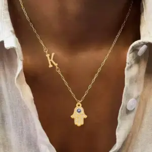 Wholesale Simple Fashion Classic Micro Pave Zircon Fatima Hand Initial Pendant Gold Stainless Steel Paperclip Chain Women's Necklace