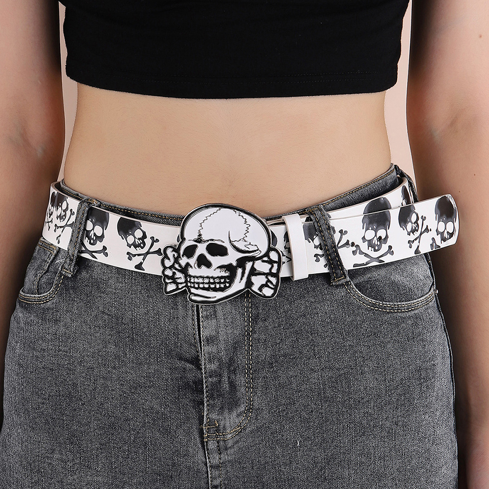 Wholesale Manufacturer European and American Cross-Border Belts, Fashionable Skull Retro Versatile Printed Ethnic Style Sexy Pu Belts and Waistband