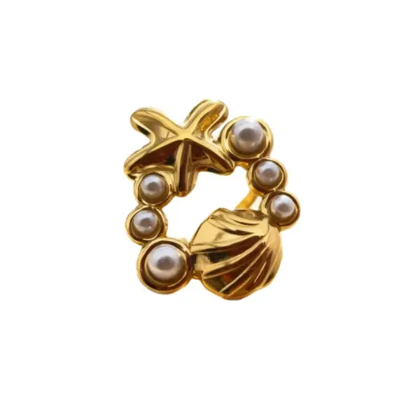Wholesale Starfish Open Ring For Women In 304 Stainless Steel With 18K Real Gold Plating And Pearl Inlay, Marine Style
