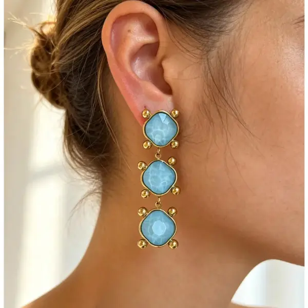 Wholesale Square Waterproof Non Tarnish Dangling Earrings For Women, 304 Stainless Steel With 18K Real Gold Plated PVD Coating And Crystal Inlay