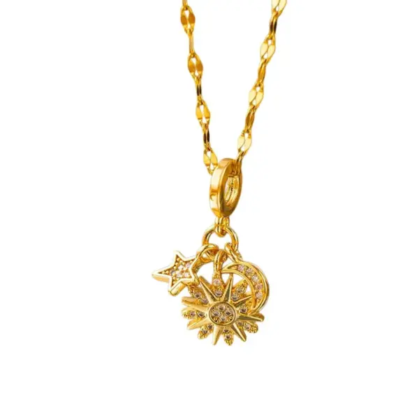 Wholesale Sun Pattern Inlay Pendant Necklace For Women With 18K Gold Plated Copper And Artificial Rhinestones, Lip Chain