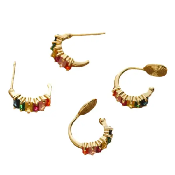 Wholesale Colorful Zircon Earrings Luxury Niche Design High-End Feelings Mosquito Coil Tray No Piercing Rainbow Clip C-Shape Women's Earrings