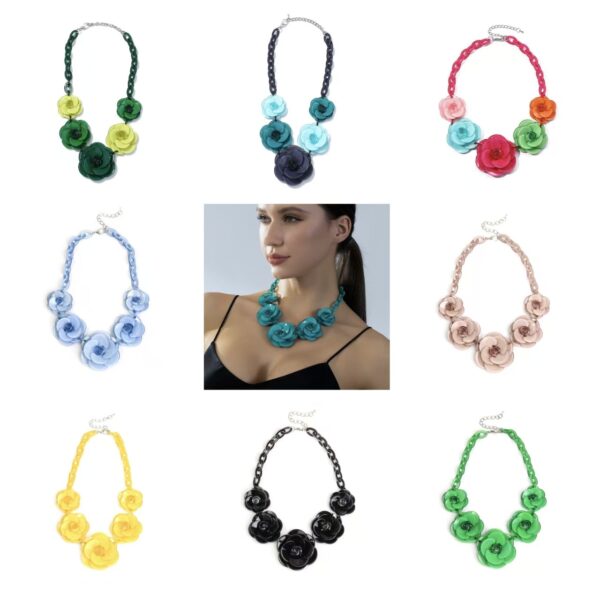 Wholesale Handmade acrylic flower necklace, bohemian style, dopamine-inspired color-blocked rose women's sweater chain