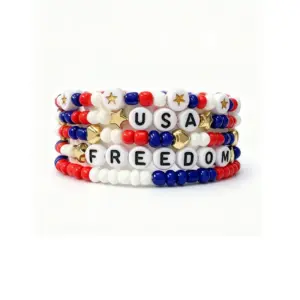 Wholesale Independence Day Stackable Beaded Bracelet Set Red White Blue USA FREEDOM Acrylic Cuff Unisex Style Letter Craft