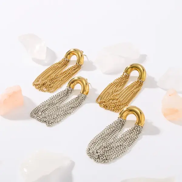 Wholesale PVD Coated 18K Gold Real Gold Plated Semicircle Tassel Lines 304 Stainless Steel Vacation Classic Style Waterproof Non Tarnish Drop Earrings