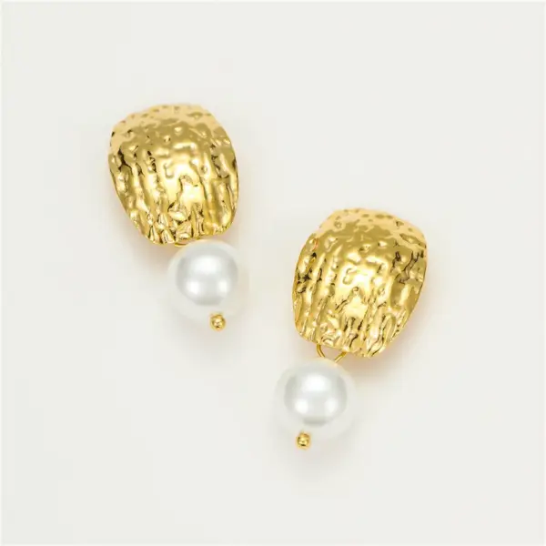Wholesale 1 Pair IG Style Geometric Plating Inlay 304 Stainless Steel Freshwater Pearl 18K Gold Plated PVD Coated Drop Earrings