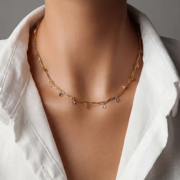 Wholesale French Line Wrapped Colorful Zircon Heart-Shaped Mixed Color 18K Gold Plated 304 Stainless Steel Vacuum Electroplated Necklace For Women Clavicle Chain Snake Chain