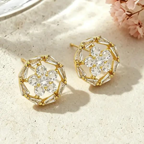 Wholesale Three-dimensional Flowers Stud Earrings For Women, Electroplated Copper With Golden Plated Finish And Zircon Inlay