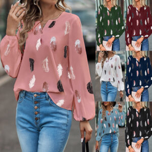 Wholesale 2025 Autumn and Winter Cross-Border New Amazon European and American Clothing V Neck Feather Print Long-Sleeved Loose T-Shirt Women's Tops