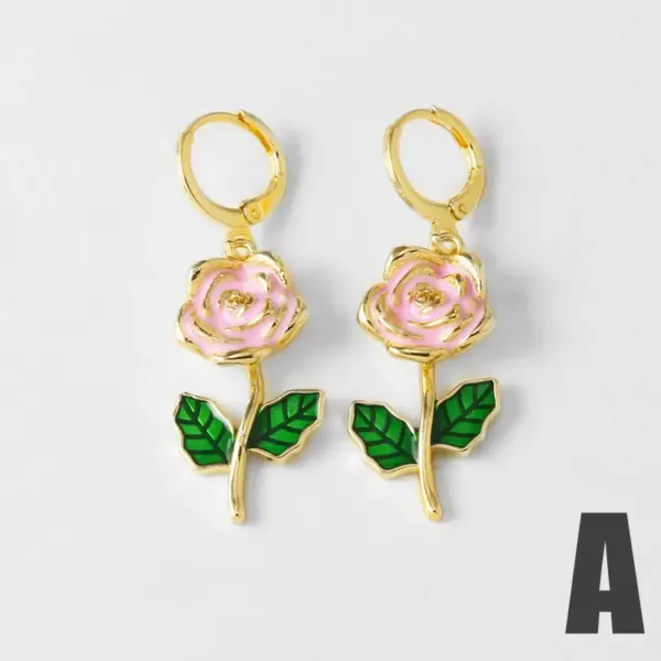 Wholesale 18K Gold Plated Copper Jewelry Oil Drop Rose Flower Zircon Pendant Earrings Ery72