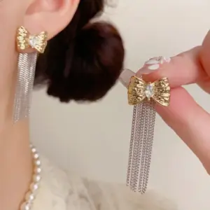Wholesale Color-Block Butterfly Tassel Earrings Slimming Effect Double Wear Gold And Silver Comparison Vintage Women's Jewelry