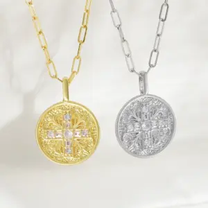 Wholesale Women's Copper Cross Pendant Necklace With 18K Gold Plated Claw Setting, Zircon Inlay, Cable Chain, 0.05-0.08µm Plating