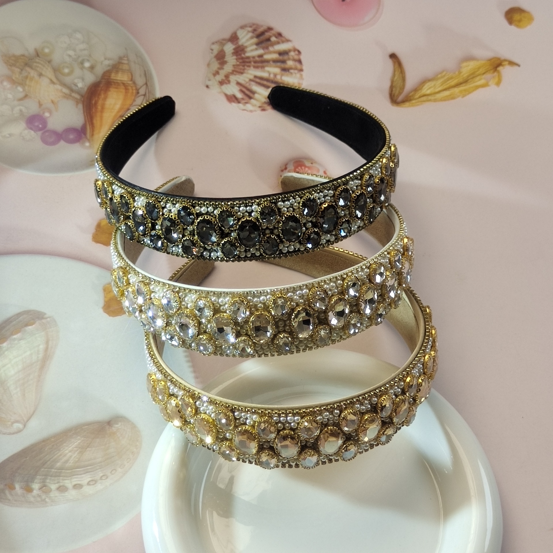 Wholesale Headband, Pearl and Rhinestones, High-End, Versatile Wide-Brimmed Hair Headband for Going Out, Cross-Border Best-Selling Korean Style Heavy-