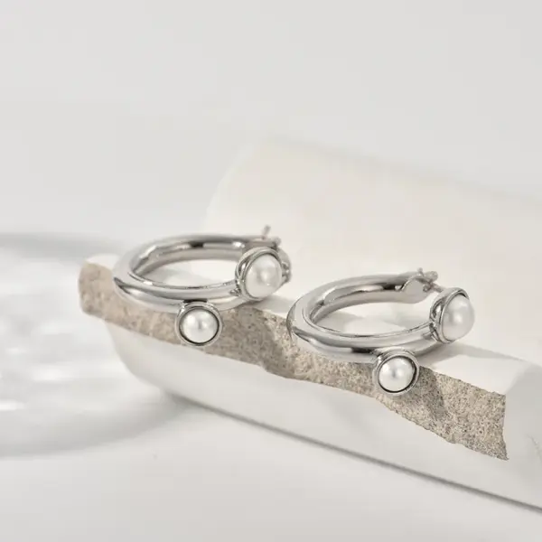 Wholesale Three-dimensional Geometric Earrings For Women, Electroplated Copper With Golden Plated Finish And Artificial Pearl Inlay