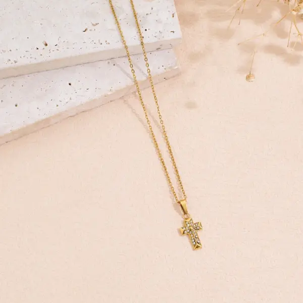Wholesale Women’s Cross Pendant Necklace With Machine Inlaid Rhinestones, 18K Real Gold Plated 304 Stainless Steel, PVD Coated Cable Chain