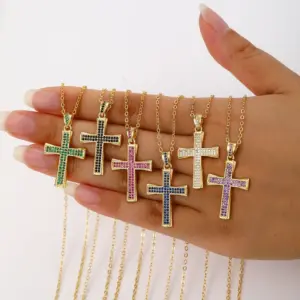 Wholesale Women’s Waterproof Non Tarnish Copper Cross Necklace With KC Golden Plated Electroplated Finish And Zircon Inlay