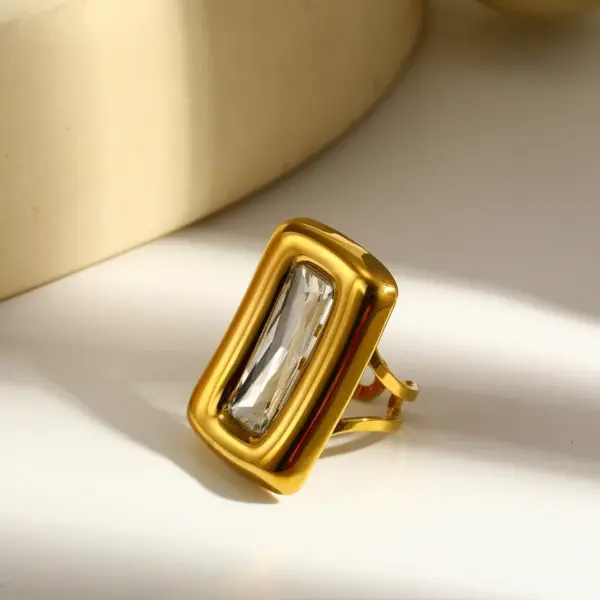 Wholesale Geometric Open Rings For Women In 304 Stainless Steel With Electroplated 18K Real Gold PVD Coating And Tiger Eye Inlay