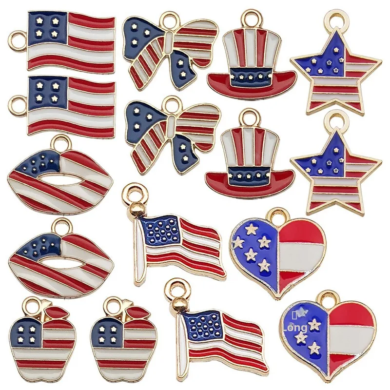 Wholesale 75th National Day American Flag Pendant DIY Earrings Alloy Star Heart-shaped Jewelry Accessories Bowknot Shell Cloud