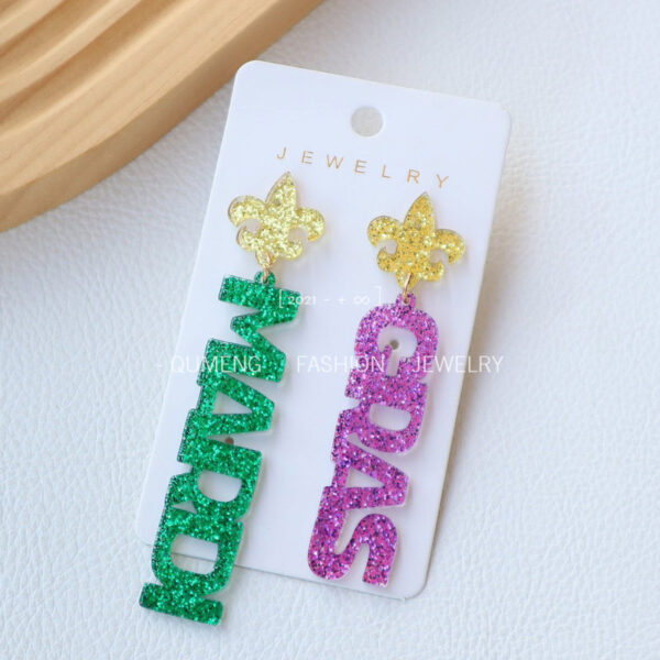 oly-474422f8f80c244136c743f15793a718 Wholesale Carnival acrylic gold green purple mask earrings MARDI GRAS party earrings holiday earrings