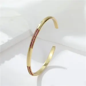 Wholesale Round Inlay Copper Cuff Bracelet For Women With Electroplated Gold Plating And Rhinestone Details