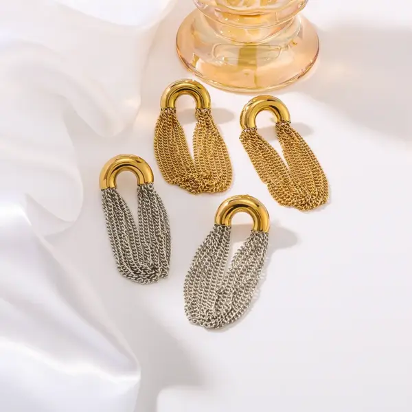 Wholesale PVD Coated 18K Gold Real Gold Plated Semicircle Tassel Lines 304 Stainless Steel Vacation Classic Style Waterproof Non Tarnish Drop Earrings