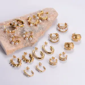 Wholesale 304 Stainless Steel C Shape Solid Color PVD Coated Artificial Pearls Zircon 24K Gold Plated Vintage Style Waterproof Non Tarnish Plating Ear Studs